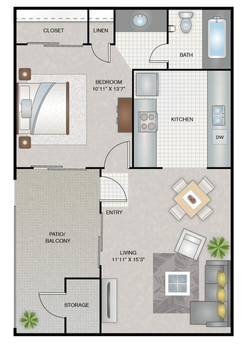 Floor plan for 1 bed, 1 bath, 524 sqft